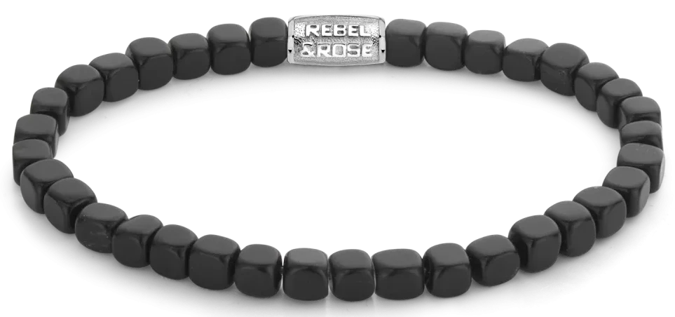 Armband med mörka kubformade blackstone-pärlor och silverfärgat spänne i rostfritt stål