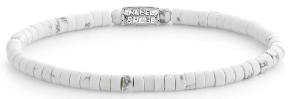 Armband med vita skivformade ädelstenar och lås i rostfritt stål, Rebel&Rose