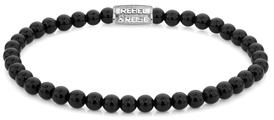 Armband av svarta onyxpärlor med rostfritt stållås, Rebel&Rose-logotyp