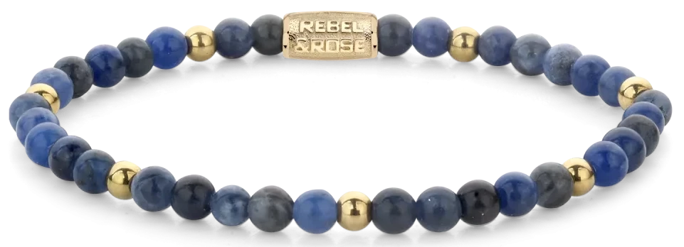 Armband med blå sodalitpärlor och lås i rostfritt stål, guldfärgade distanser
