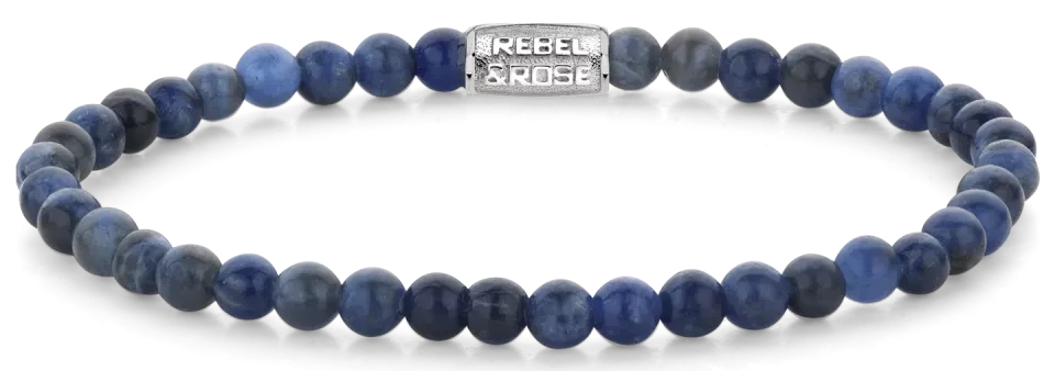 Armband av runda sodalitpärlor (4 mm) med lås i rostfritt stål, blåmönstrat