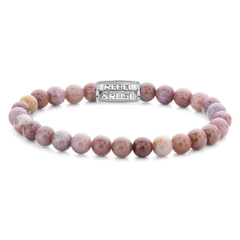 Armband av ljusrosa rodonitpärlor, rostfritt stållås med Rebel&Rose-gravyr
