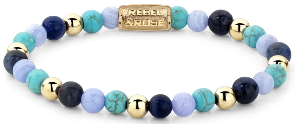Armband med 6 mm sodalit-, turkisenit- och kalcedonpärlor, guldfärgade detaljer, Rebel&Rose