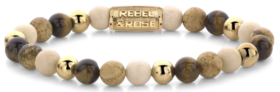 Rebel&Rose-armband med runda ädelstenspärlor i gult, vitt och mörkbrunt samt metallås
