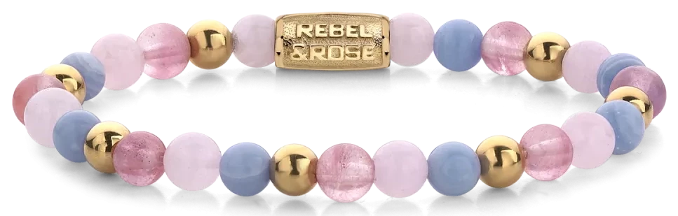 Armband med rosa och blå ädelstenar, guldfärgade mellandelar, lås i rostfritt stål