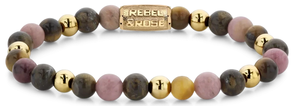Ädelstensarmband med 6 mm runda pärlor i rosa, grått, lila och guldfärgat metallås