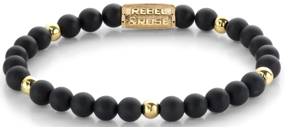 Armband med svarta pärlor (6 mm) och guldfärgade detaljer, lås i rostfritt stål