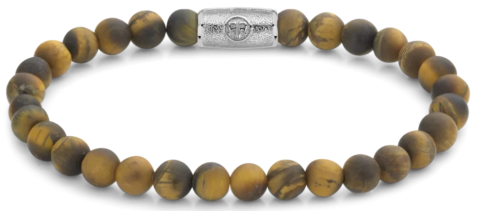 Armband av 6 mm tigeröga-pärlor med lås i rostfritt stål, guldgrått randigt.