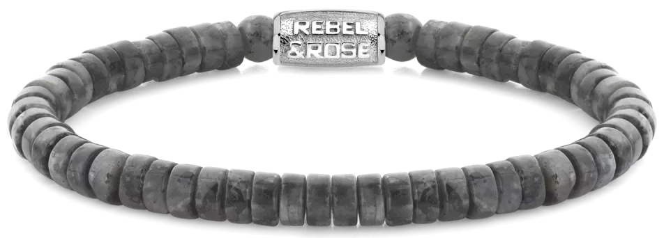 Armband med gråa naturstenspärlor och lås i rostfritt stål, Rebel&Rose-prägling