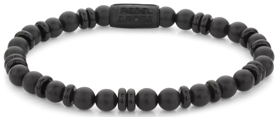 Armband i svart onyx med pärlor och skivor, svart lås i rostfritt stål