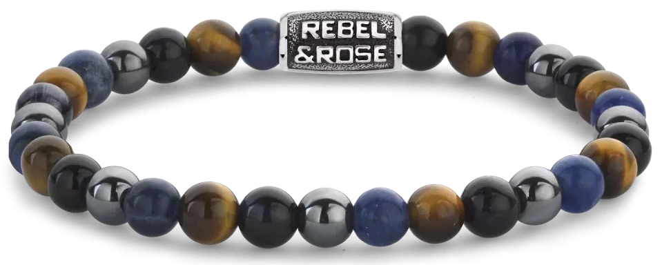 Ädelstensarmband med blå och gulgyllda pärlor samt grå hematitstenar, lås från REBEL&ROSE
