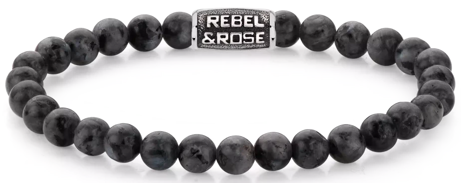 Armband med svarta larvikit-pärlor och svart rostfritt stållås, REBEL&ROSE