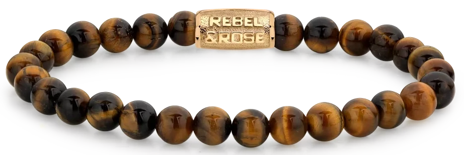 Armband med pärlor av naturlig tigeröga och guldfärgat lås i rostfritt stål