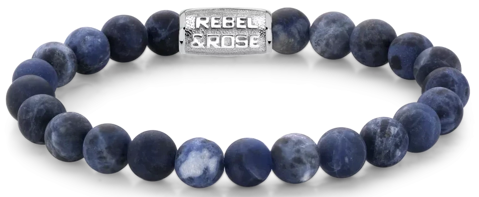 Armband av blå sodalitpärlor (8 mm) med rostfritt stållås, Rebel&Rose