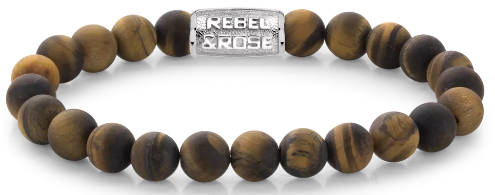 Armband med 8 mm tigeröga-pärlor och rostfritt stållås från Rebel&Rose