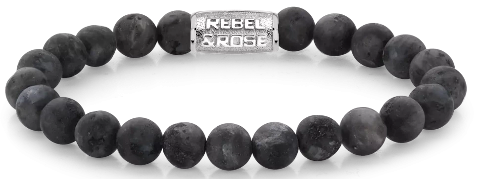 Armband av mörka larvikitpärlor (8 mm) med rostfritt stållås från Rebel&Rose