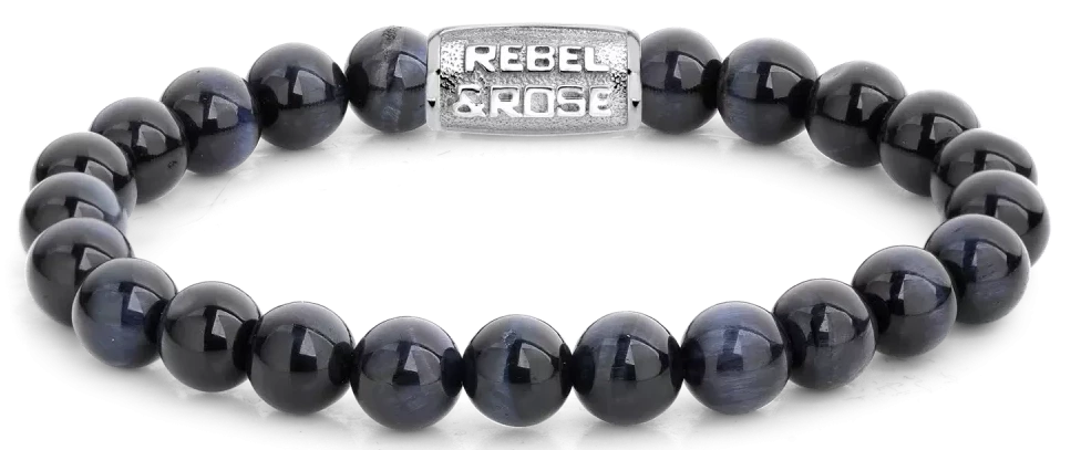 Armband med mörkblå tigeröga-pärlor (8 mm) och lås i rostfritt stål, Rebel&Rose