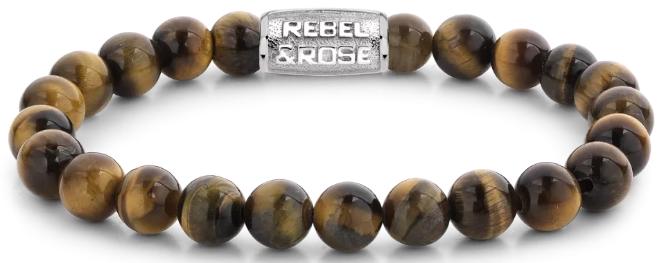 Armband med stora tigeröga-pärlor och rostfritt stållås, Rebel&Rose-logotyp