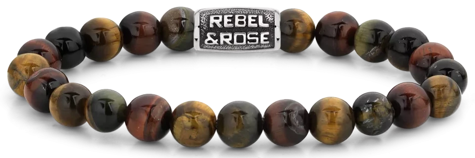 Armband med tigeröga-pärlor, silverfärgat metallspänne och Rebel&Rose-bricka