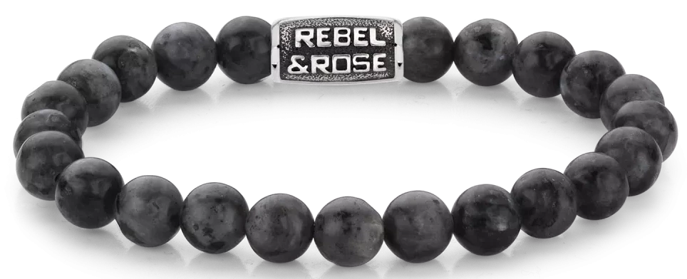 Armband av svarta larvikitpärlor med svart stållås och Rebel&Rose-ögla