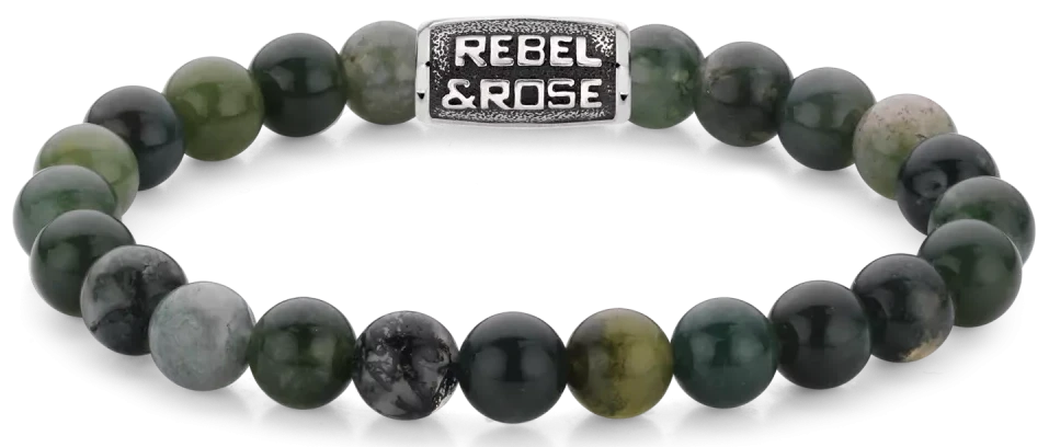 Armband med 8 mm mossagat-ädelstenspärlor och mörkgrönt stålspänne, Rebel&Rose