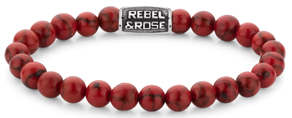 Armband med röda 8 mm ädelstenspärlor och grått rostfritt stållås, Rebel&Rose