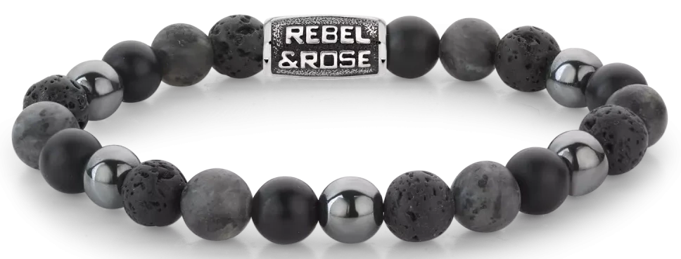 Armband med svarta och grå stenpärlor samt grått rostfritt stållås med Rebel&Rose-hänge