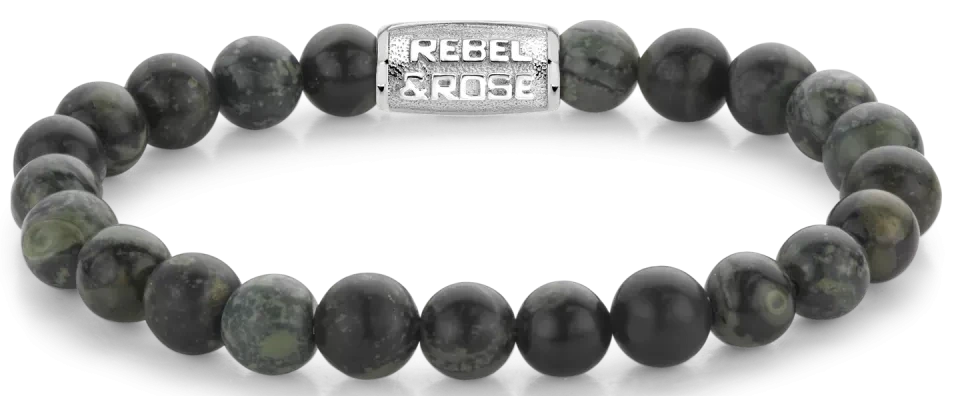 Armband av mörka ryolitpärlor med metallås, Rebel&Rose