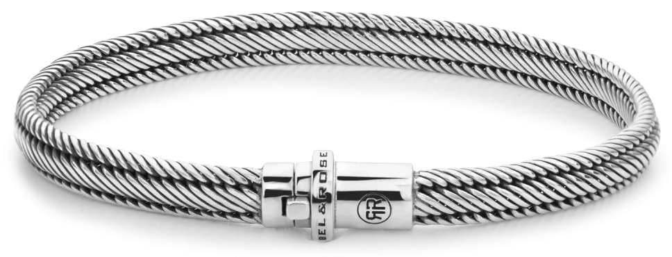 Silverfärgat 6 mm armband med flätad snodd och insticksspänne med logotyp