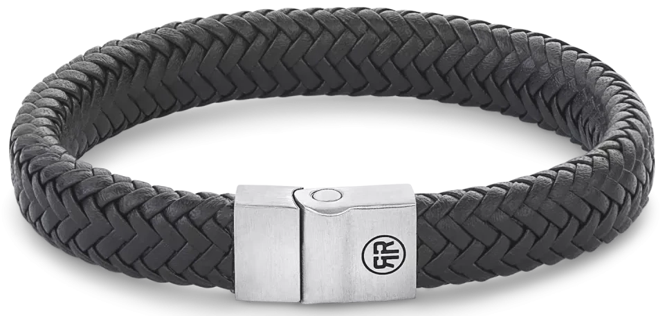 Svart flätat läderarmband med lås i rostfritt stål