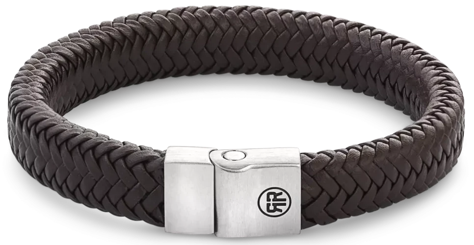 Flätat läderarmband, mörkbrunt, med spänne i rostfritt stål