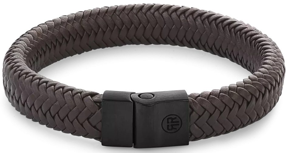 Flätat läderarmband, mörkbrunt, med svart rostfritt stålspänne, rektangulärt