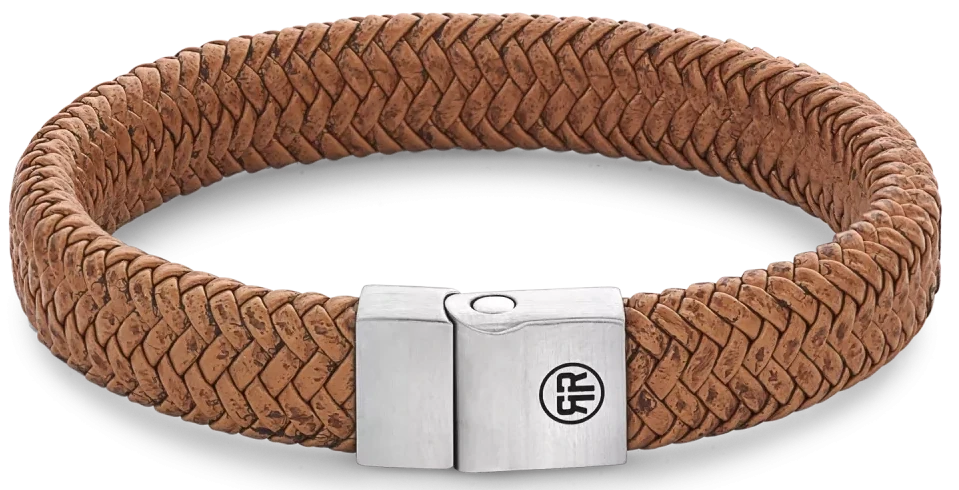 Brunt flätat läderarmband med spänne i rostfritt stål och rund logotyp