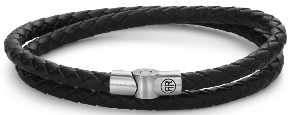 Armband i flätat svart läder med lås i rostfritt stål
