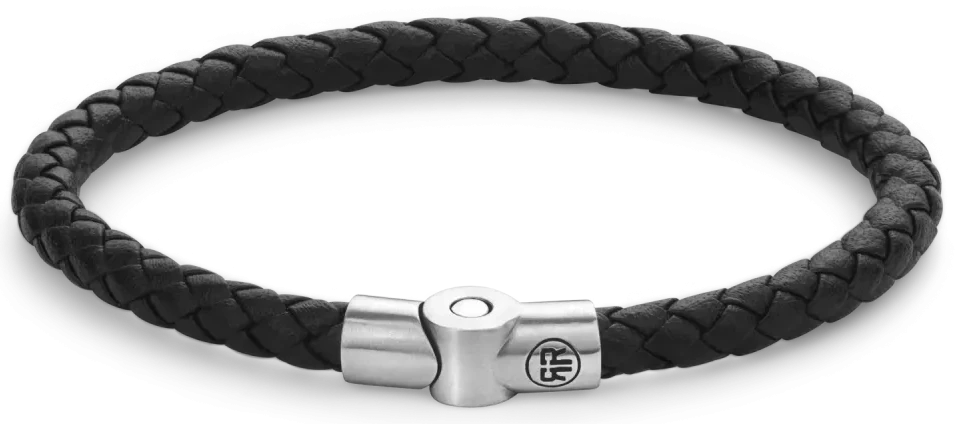 Armband av flätat svart läderband med rostfritt stållås och rund mittdel