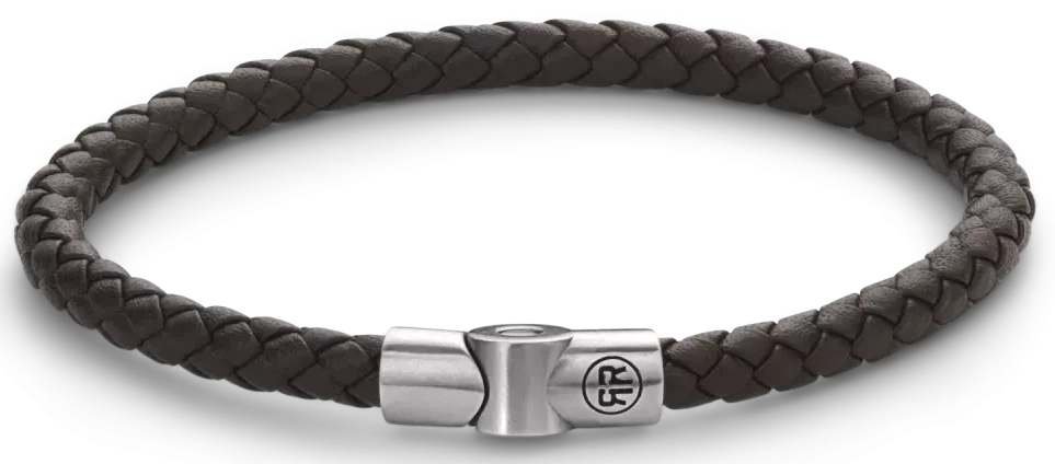 Armband av mörkbrunt flätat läderband med lås i rostfritt stål