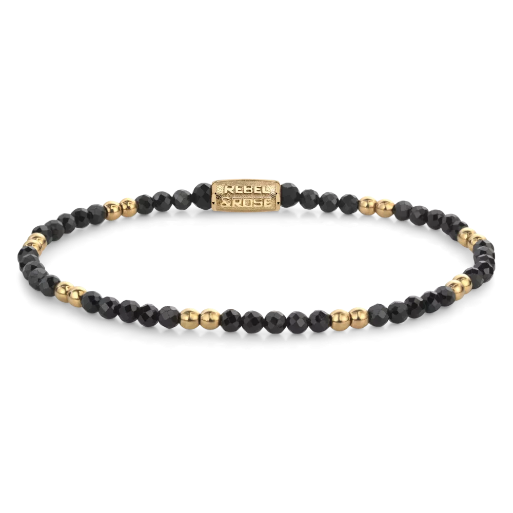 Armband med svarta fasetterade ädelstenspärlor och guldfärgade pärlor, Rebel&Rose