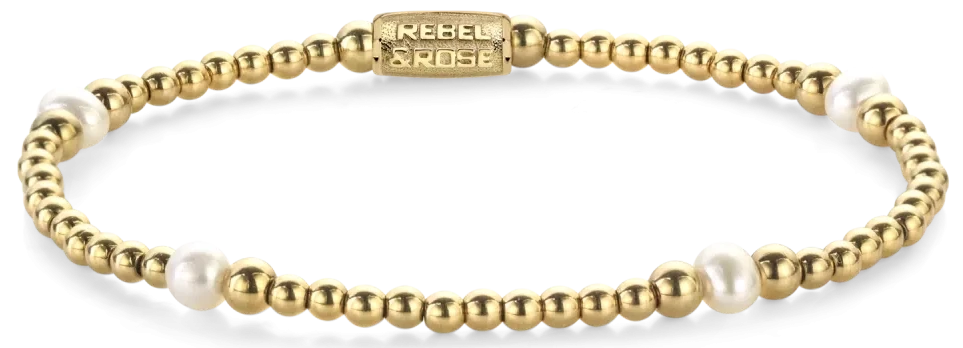 Armband från Rebel&Rose med vita sötvattenspärlor och guldfärgade pärlor i rostfritt stål, länkkedja