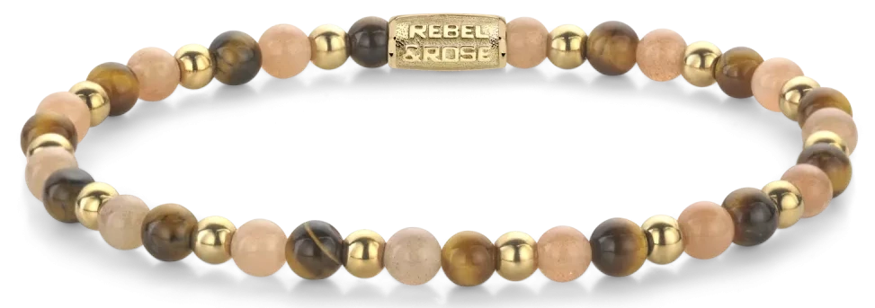 Armband med pärlor av tigeröga och solsten, guldfärgade kulor, lås i rostfritt stål