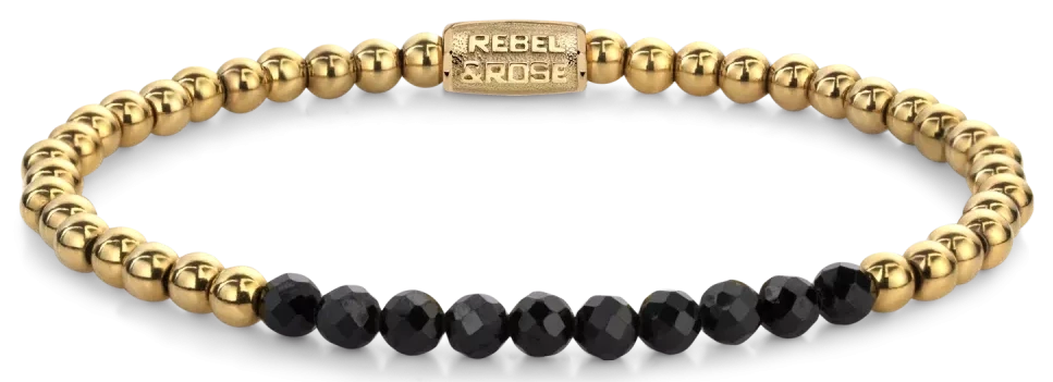 Armband med svarta fasetterade spinellpärlor och guldfärgade pärlor i rostfritt stål