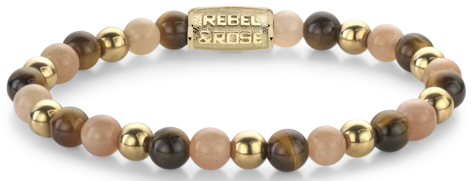 Armband med stenpärlor, guldfärgat lås, REBEL & ROSE-gravyr