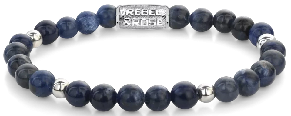 Armband av blå sodalitstenar med rostfritt stållås; runda pärlor, REBEL ROSE-clip