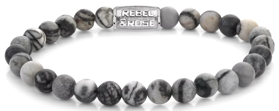 Armband av agatpärlor med rostfritt stållås, gråbrunmarmorerat, Rebel&Rose-spänne