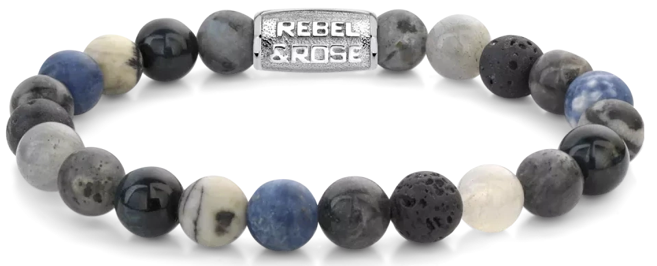 Stenarmband med runda pärlor i grått och blått, metallås med logotyp