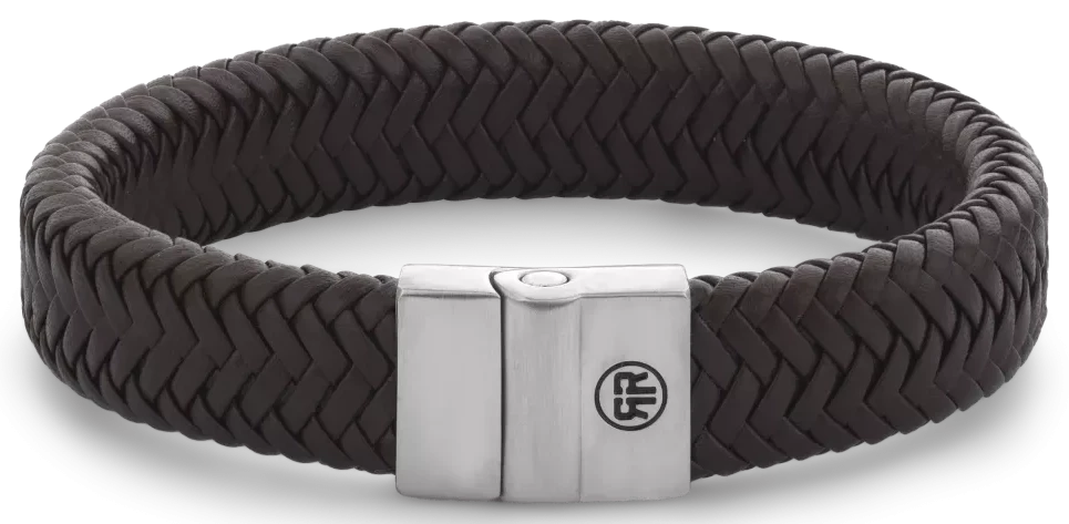 Läderarmband av flätat mörkbrunt läder med lås i rostfritt stål