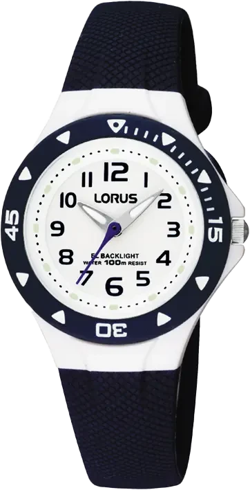 Lorus barnklocka med mörkblått textilarmband, vit vridring och blå urtavla