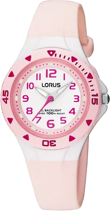 Lorus barnklocka med ljusrosa plastarmband och rund urtavla, rosa siffror