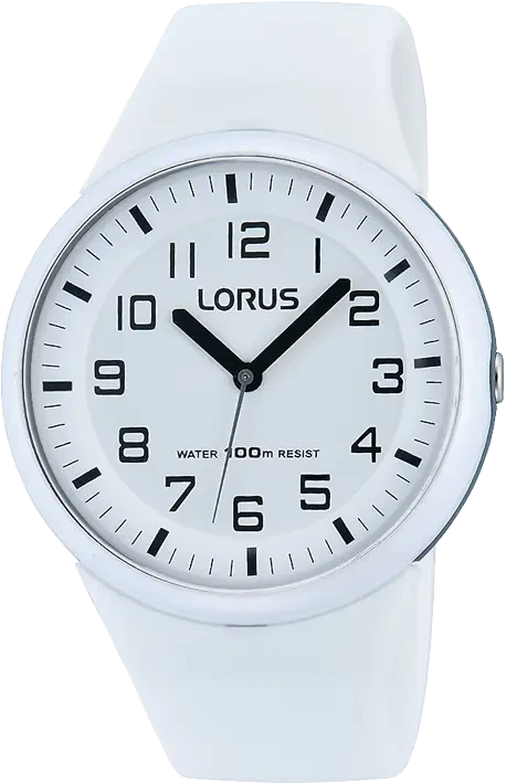 Lorus kvartsklocka med vitt plastarmband och analog urtavla, vattentålig