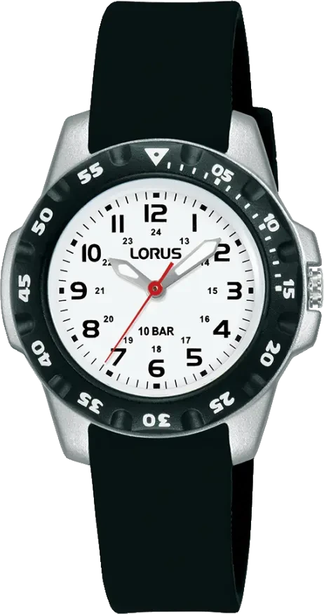 Lorus herrklocka med svart silikonarmband, rund urtavla och röd sekundvisare