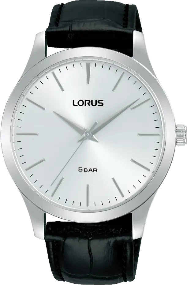 Herrklocka Lorus med silverfärgat hölje, vit urtavla och svart läderarmband